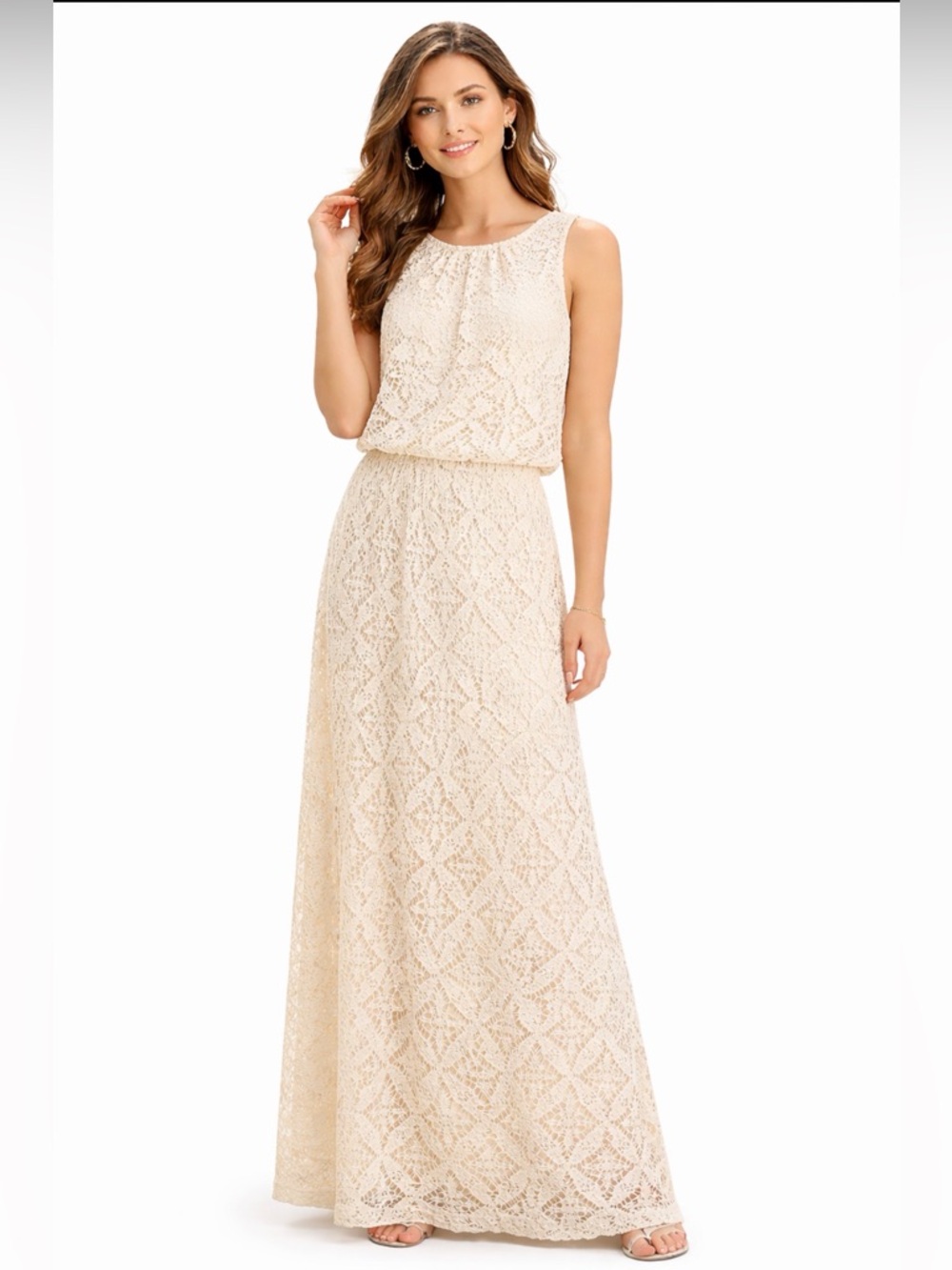 London Times Dress Cream Lace Crochet Maxi 6